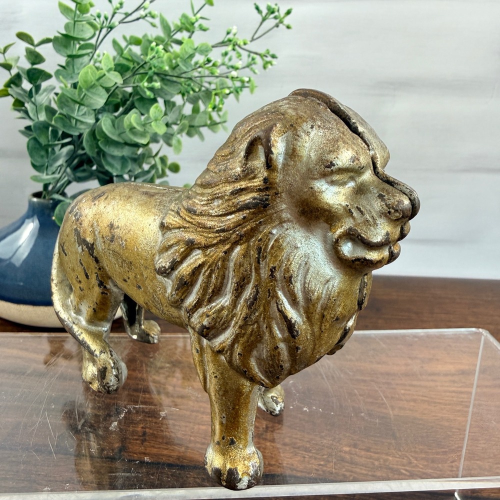 Vintage Cast Iron Lion Still Bank Gold Painted Coin Bank Figural